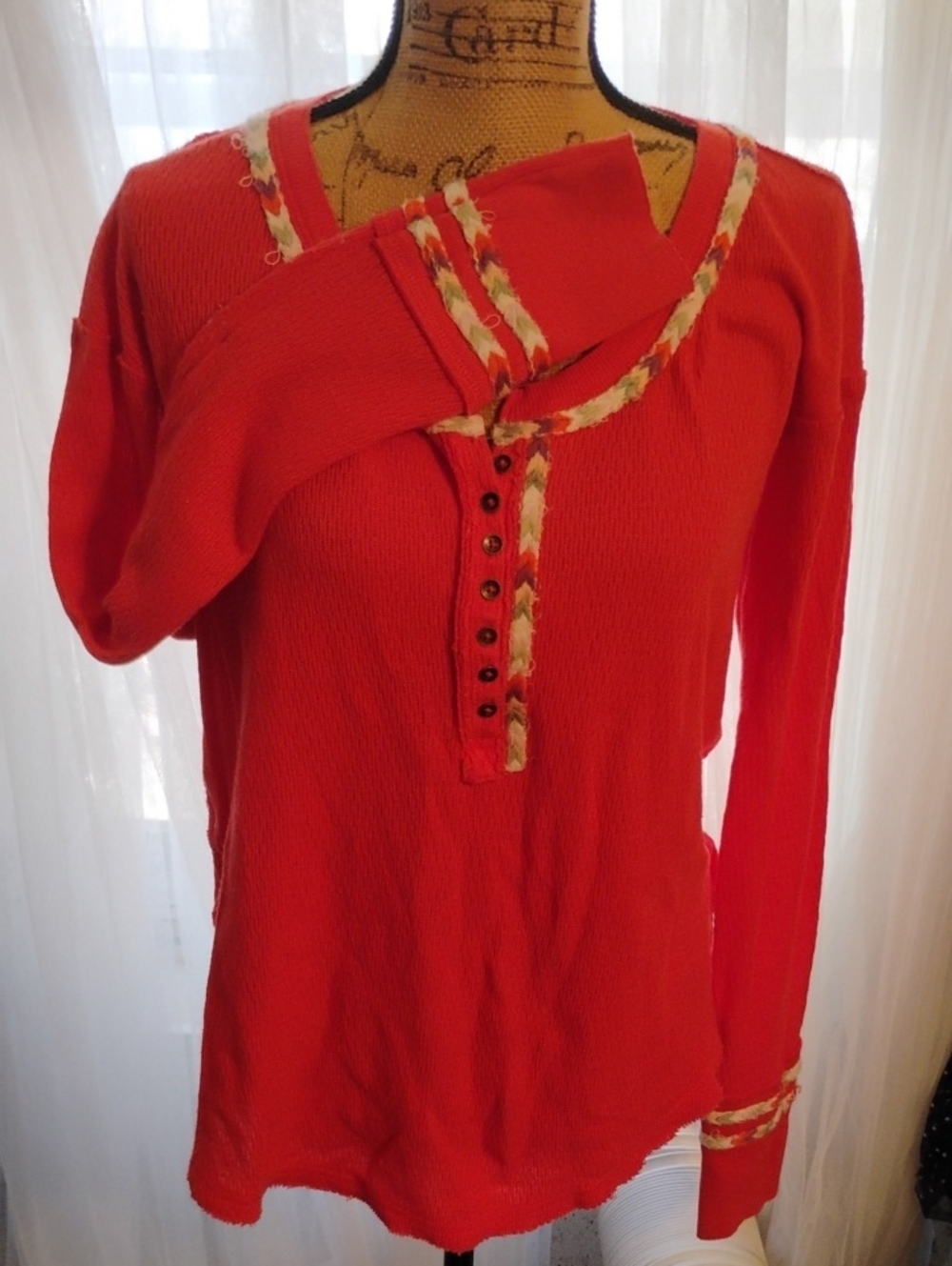 We The Free Red Long Sleeve Knit Top with Floral Trim